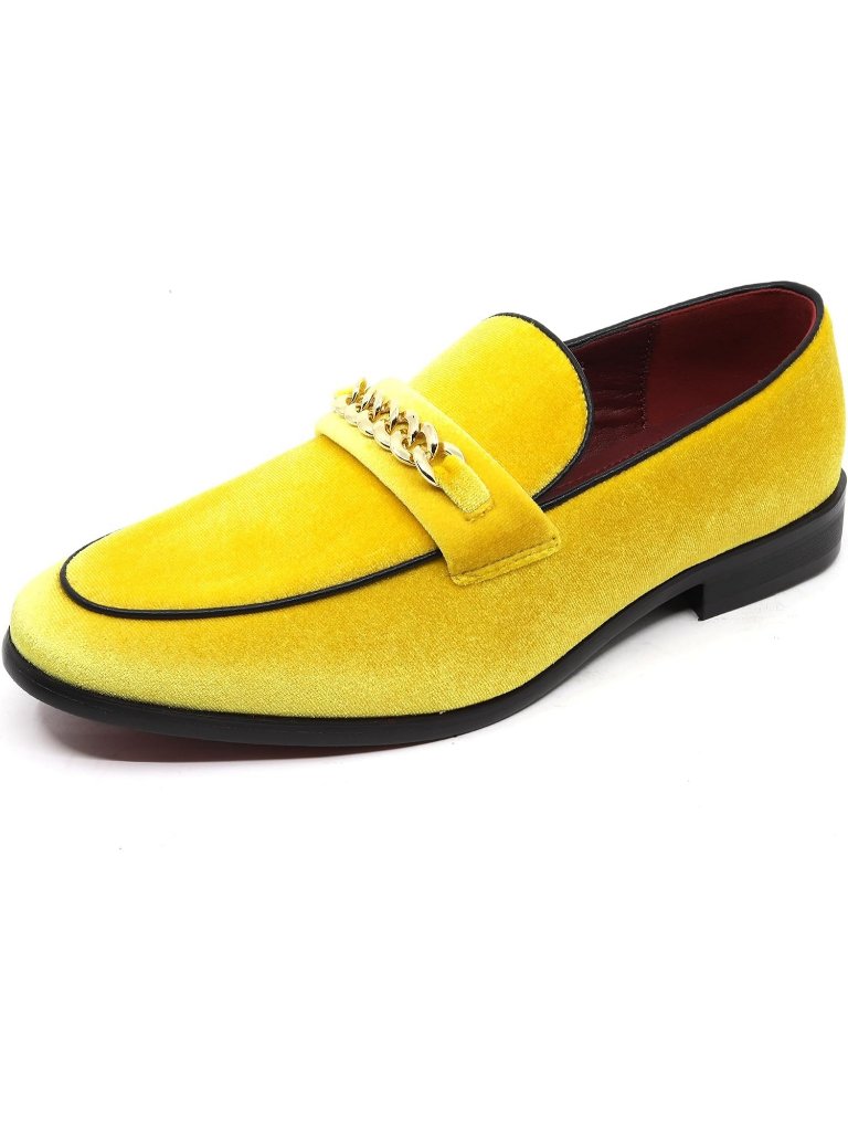 Metrocharm Men's Yellow Vintage Velvet Loafers Gold Chain Buckle Slip On Shoes